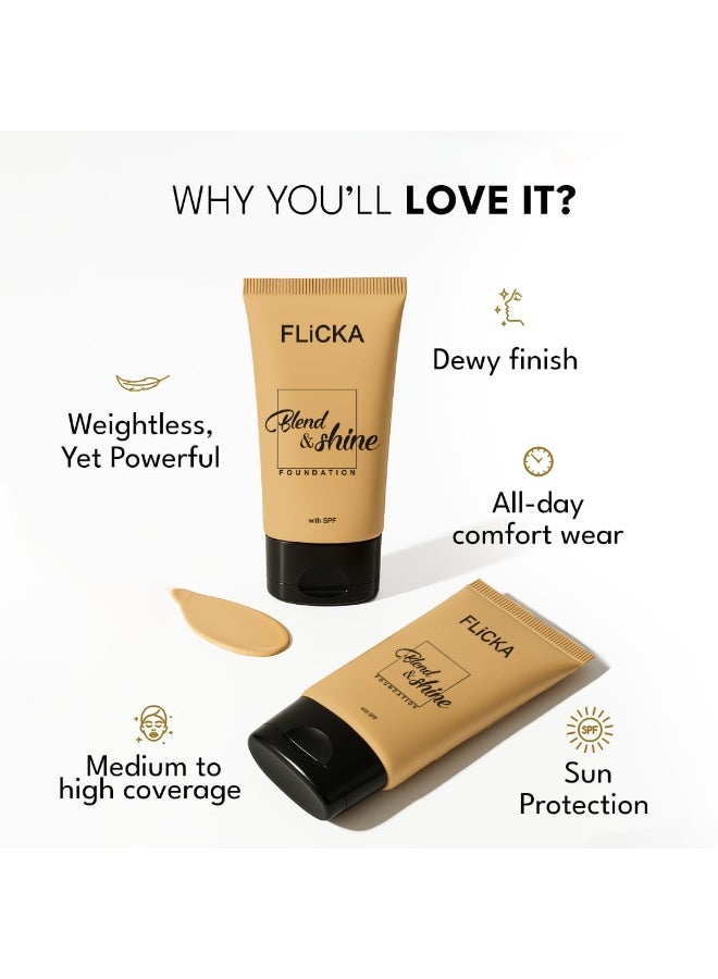 FLiCKA Blend and Shine Liquid Foundation for Face Makeup 30ml | Medium to High Coverage | Vitamin E, Avocado Oil & SPF | Moisturizing, Lightweight, Waterproof | All Skin Types | 02 Beige - Image 3